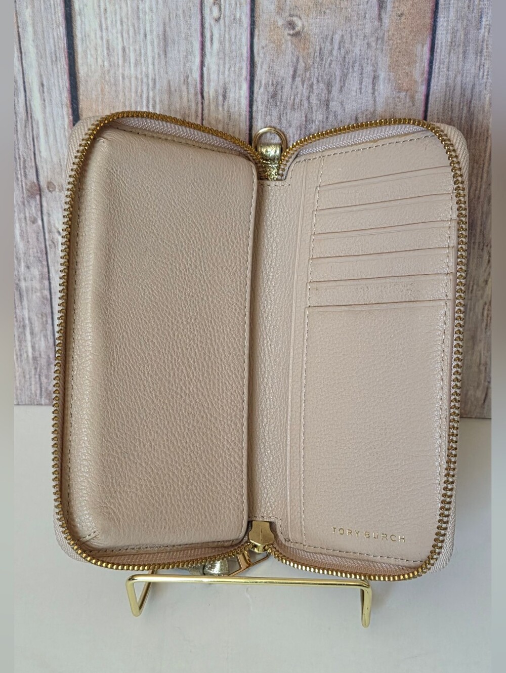 LOW START Tory Burch Metallic Gold Leather Zip Wallet Dust Bag Included - Picture 5 of 12
